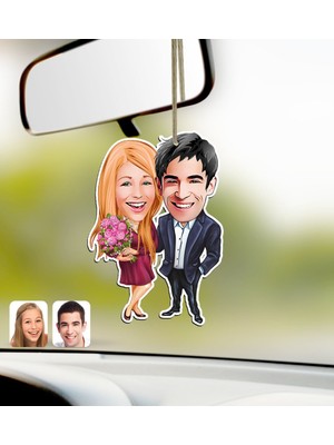BK Kişiye Özel Sevgililer Karikatürlü Ahşap Araba Dikiz Ayna Süsü-94