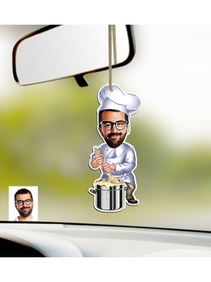 BK Kişiye Özel Bay Aşçı Karikatürlü Ahşap Araba Dikiz Ayna Süsü