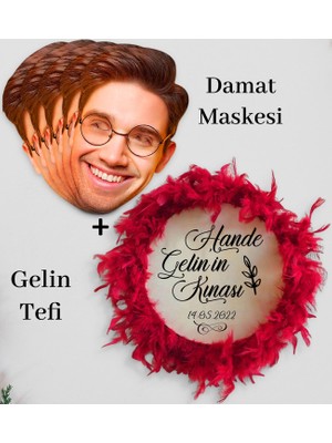 Bk Gift Kişiye Özel Damat Yüz Maskesi (5 Adet) ve Isimli Tüylü Gelin Tefi , Kına Tefi (28CM)