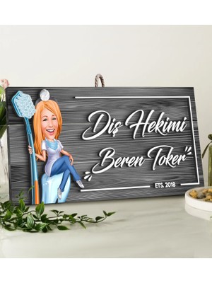 Bk Gift Kişiye Özel Diş Hekimi Karikatürlü Gri Dekoratif Ahşap Tabela-2