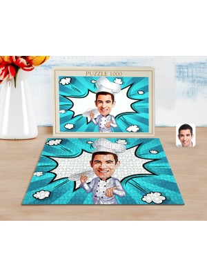 BK Kişiye Özel Erkek Pizza Şefi Karikatürlü 1000 Parça Profesyonel Puzzle-1