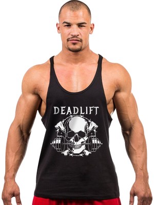 Ghedto Dead Lift Skull Fitness Gym Tank Top Siyah Slim Fit Sporcu Atleti Konforlu Kumaş