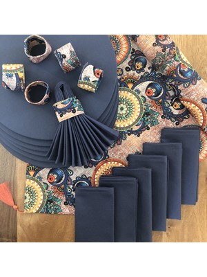 Desenizmir Amerikan Servis Nostalji Desen 6 Supla, 6 Kumaş Peçete, 6 Peçete Halkası ve Runner Örtü Kombin T3