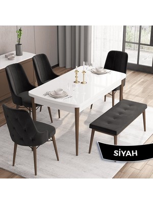 Canisa Concept Iza Serisi, 80 x 132 cm  Mdf Beyaz Masa Ceviz Ayak Mutfak Masa Takımı, 4 Sandalye 1 Bench
