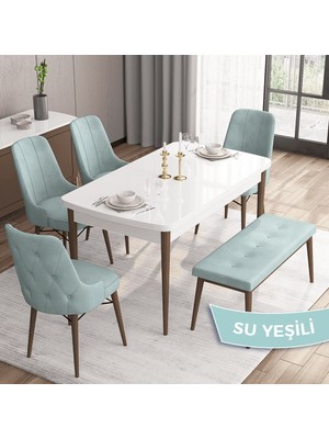 Canisa Concept Iza Serisi, 80 x 132 cm  Mdf Beyaz Masa Ceviz Ayak Mutfak Masa Takımı, 4 Sandalye 1 Bench