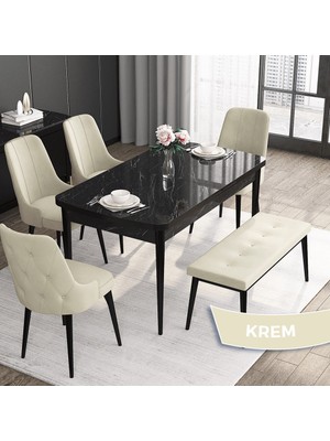 Canisa Concept Roy Serisi, 80 x 132 cm Mdf Mutfak Masa Takımı,siyah Mermer Desen Masa 4 Sandalye  1 Bench