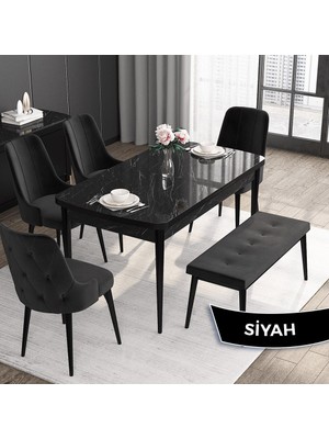 Canisa Concept Roy Serisi, 80 x 132 cm Mdf Mutfak Masa Takımı,siyah Mermer Desen Masa 4 Sandalye  1 Bench