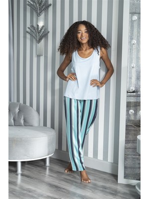 For You Sleepwear 2'li Çizgili Viskon Mavi Atlet Pijama Takım S27230