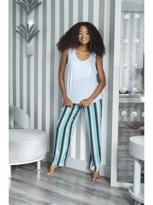 For You Sleepwear 2'li Çizgili Viskon Mavi Atlet Pijama Takım S27230