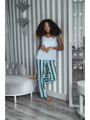 For You Sleepwear 2'li Çizgili Viskon Mavi Atlet Pijama Takım S27230