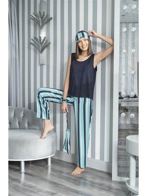 For You Sleepwear 2'li Çizgili Viskon Lacivert Atlet Pijama Takım