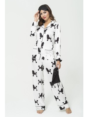 For You Sleepwear 6'lı Köpek Desen Beyaz Saten Pijama Takımı S27225