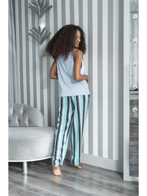 For You Sleepwear 2'li Çizgili Viskon Mavi Atlet Pijama Takım S27230