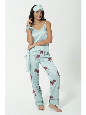 For You Sleepwear 6'lı Zebra Desen Yeşil Saten Pijama Takımı S27217