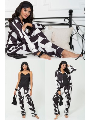 For You Sleepwear 6'lı Asimetrik Siyah Beyaz Saten Pijama Takımı S27220