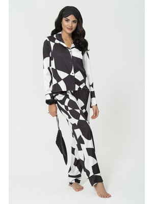 For You Sleepwear 6'lı Asimetrik Siyah Beyaz Saten Pijama Takımı S27220