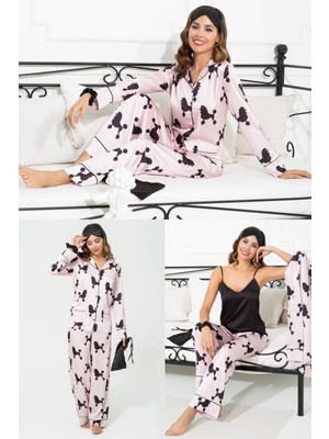 For You Sleepwear 6'lı Köpek Desen Pembe Saten Pijama Takımı S27221