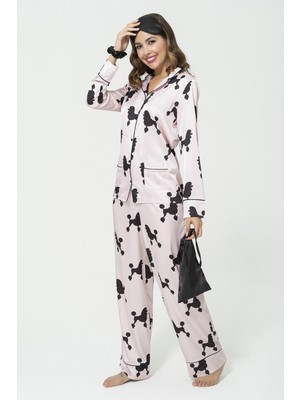 For You Sleepwear 6'lı Köpek Desen Pembe Saten Pijama Takımı S27221