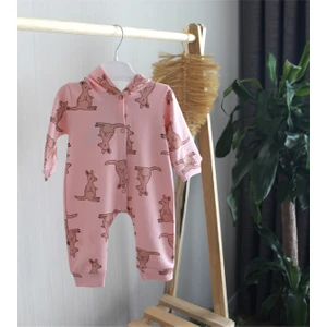 Melish Bebe Kanguru Desenli Kapüşonlu Önden Çıt Çıtlı Bebek Tulum