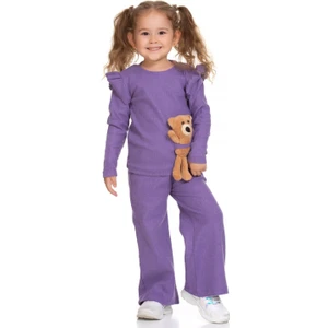 Renkli Diyar Kız Çocuk Alt Üst Takım Ispanyol Paça Pantolon Uzun Kollu Bluz ve Ayıcık ile Takım