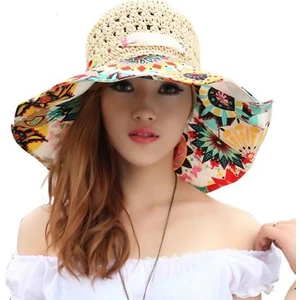 Moda Güneş Şapka Kadınlar Için Tatil Plaj Hasır Şapka Kadın Hollow Baskılı Yay Yaz Büyük Brim Şapka Fold Uv Koruma Disket Şapka | Kadın Güneş Şapkaları(Yurt Dışından)