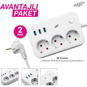 Mf Product Jettpower 0370 Koruma Anahtarlı 3 Usb'li 2 mt Uzatma Kablosu  - Avantajlı 2'li Paket