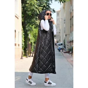 Keyifli Moda Kadın Siyah Kapüşonlu Cepli Baklava Desen Uzun Şişme Yelek