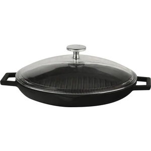 Döküm Yuvarlak Izgara Tavası Cam Kapaklı Döküm Demir Yekpare Çift Kulplu Çap(Ø)30cm.