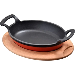 Döküm Oval Kulplu Tava ve Ahşap Altlık. 19X14CM. - Kırmızı