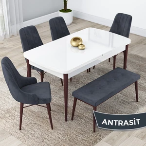 Concept Lia Serisi 80 x 132 cm Mutfak Masa Takımı Beyaz Masa Ceviz Ayak 4 Sandalye ve 1 Bench