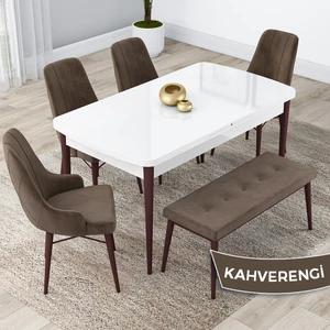 Concept Lia Serisi 80 x 132 cm Mutfak Masa Takımı Beyaz Masa Ceviz Ayak 4 Sandalye ve 1 Bench