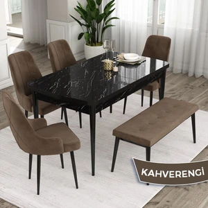 Concept Ram Serisi 80 x 132 cm Mutfak Masa Takımı Siyah Mermer Desen Masa 4 Sandalye ve 1 Bench