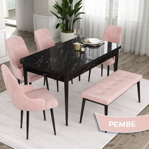 Concept Ram Serisi 80 x 132 cm Mutfak Masa Takımı Siyah Mermer Desen Masa 4 Sandalye ve 1 Bench