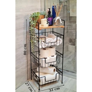 Ahşap ve Metal 3 Katlı Modern Banyo Dolabı – Çok Amaçlı Düzenleyici Raf Organizer 80x32x27 cm
