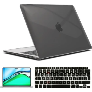 Apple MacBook Air 13 Inch M1 Çip A2337 Uyumlu Alt Üst Parlak Kılıf + Siyah Klavye Kılıfı + Film