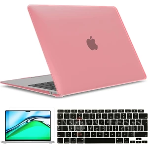 Apple MacBook Air 13 Inch M1 Çip A2337 Uyumlu Alt Üst Parlak Kılıf + Siyah Klavye Kılıfı + Film