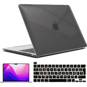 Apple MacBook Pro 13 Inç M1 Çip A2338 Uyumlu Alt Üst Parlak Kılıf + Siyah Klavye Kılıfı + Film