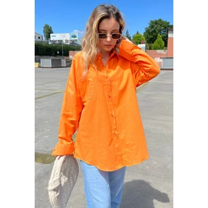 Turuncu Oversize Basic Cepli Poplin Gömlek MG1530