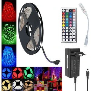 Rgb Şerit LED Set – 5 Metre LED + Adaptör + Kontrol Cihazı + 44 Tuşlu Rf Kumanda – Iç Mekan – 3 Çipli – 12 V -  Hazır Tak Çalıştır