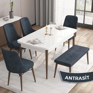 Concept Iza Serisi, 80 x 132 cm  Mdf Beyaz Masa Ceviz Ayak Mutfak Masa Takımı, 4 Sandalye 1 Bench