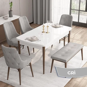 Concept Iza Serisi, 80 x 132 cm  Mdf Beyaz Masa Ceviz Ayak Mutfak Masa Takımı, 4 Sandalye 1 Bench