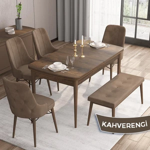 Concept Iza Serisi, 80 x 132 cm Mdf Masa, Barok Ahşap Desen Mutfak Masa Takımı, 4 Sandalye 1 Bench