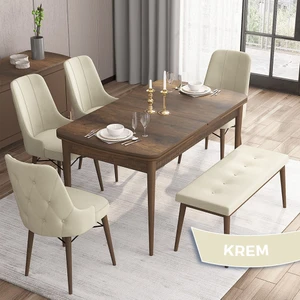 Concept Iza Serisi, 80 x 132 cm Mdf Masa, Barok Ahşap Desen Mutfak Masa Takımı, 4 Sandalye 1 Bench
