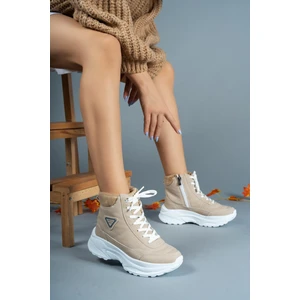 Unisex Bej Suni Deri Trekking Bot Fermuarlı Ortopedik İç Taban ve Kaymaz Dış Taban