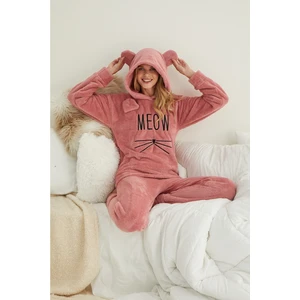 Kadın Pudra Meow Desenli  Tam Peluş Pijama Takımı