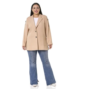 Disentis Modest Büyük Beden Kol Ağzı Duble Katlamalı Omuzda Şerit ve D Toka Detaylı Yanı Yırtmaçlı Bej Ceket