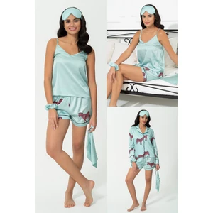For You Sleepwear 6'lı Zebra Desen Yeşil Saten Pijama Şort Takım S27219