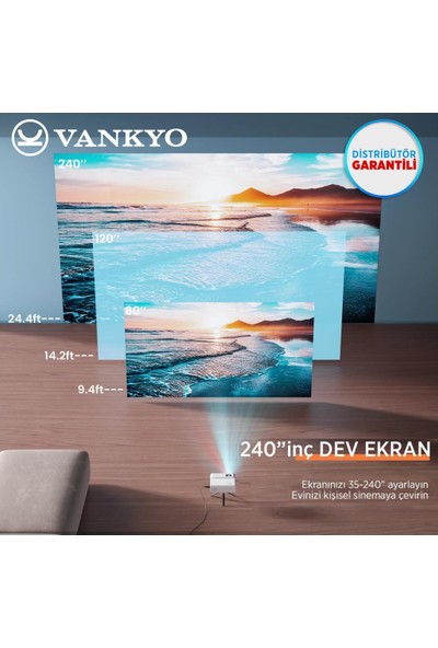 Vankyo Sunspark 500W 1080P Destekli LCD LED Wifi Projeksiyon Cihazı - 240 Inç Yansıtma - Dahili Hoparlör - Tv Stick/ps5/hdmı/usb/vga/av