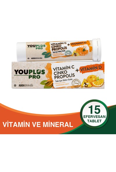 Youplus Pro Vitamin C, D, Çinko & Propolis 15 Efervesan Tablet - Abdi İbrahim