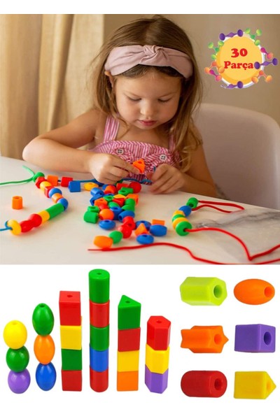 30 Parça Ipe Boncuk Dizme Oyunu Geometrik Şekiller Renk Algı Beceri Eğitici Oyuncak Popit